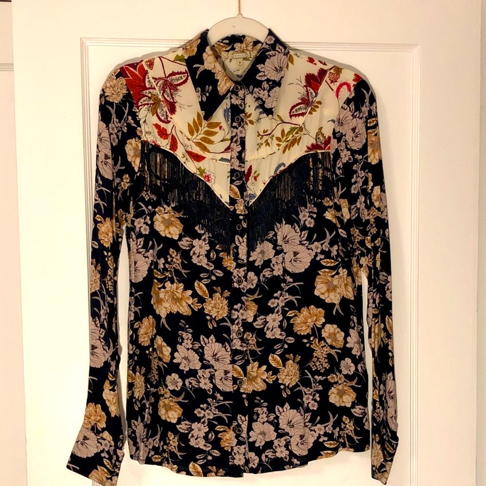 Lofi Country Navy and Cream Floral Button Down Shirt with FringeSize S
